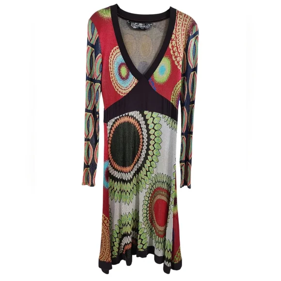 DESIGUAL abstract colorful long sleeve midi dress v-neck size XL - Picture 2 of 9